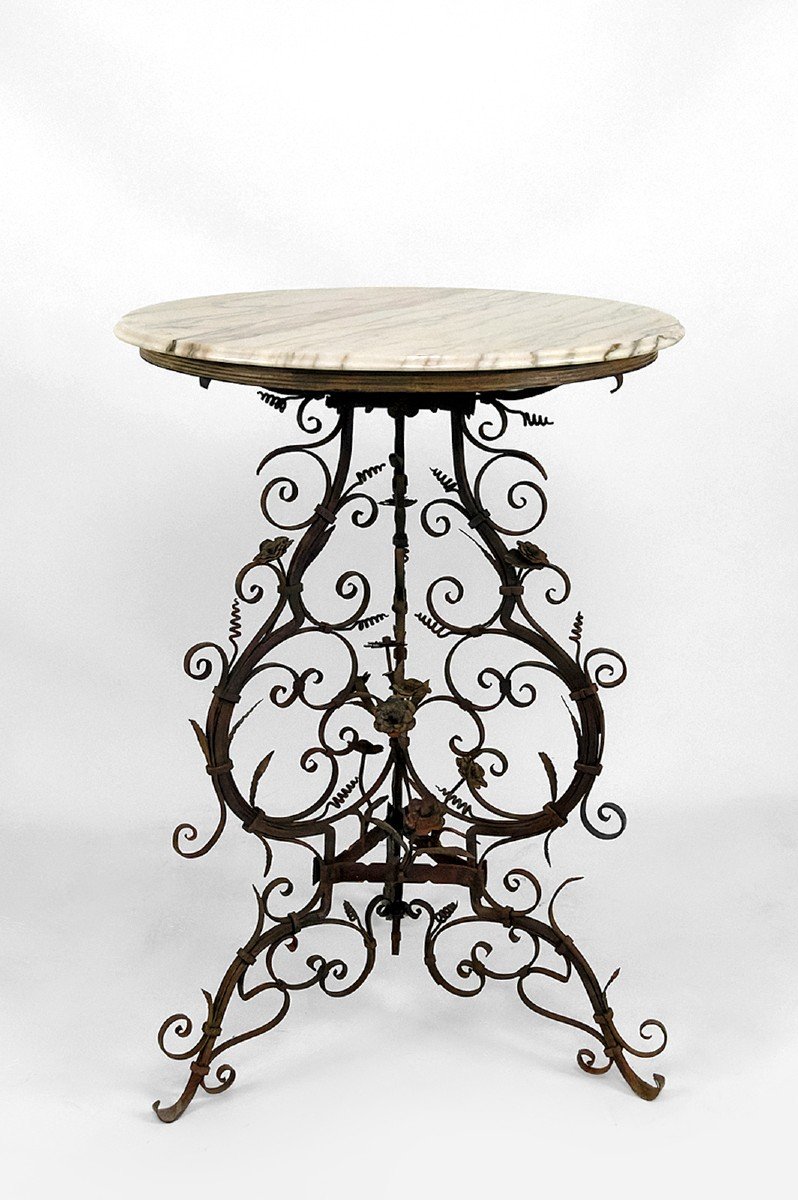 Guéridon / Table d'Appoint En Fer Forgé Et Plateau En Marbre, Venise, Italie, XVIIe-xviiie-photo-2