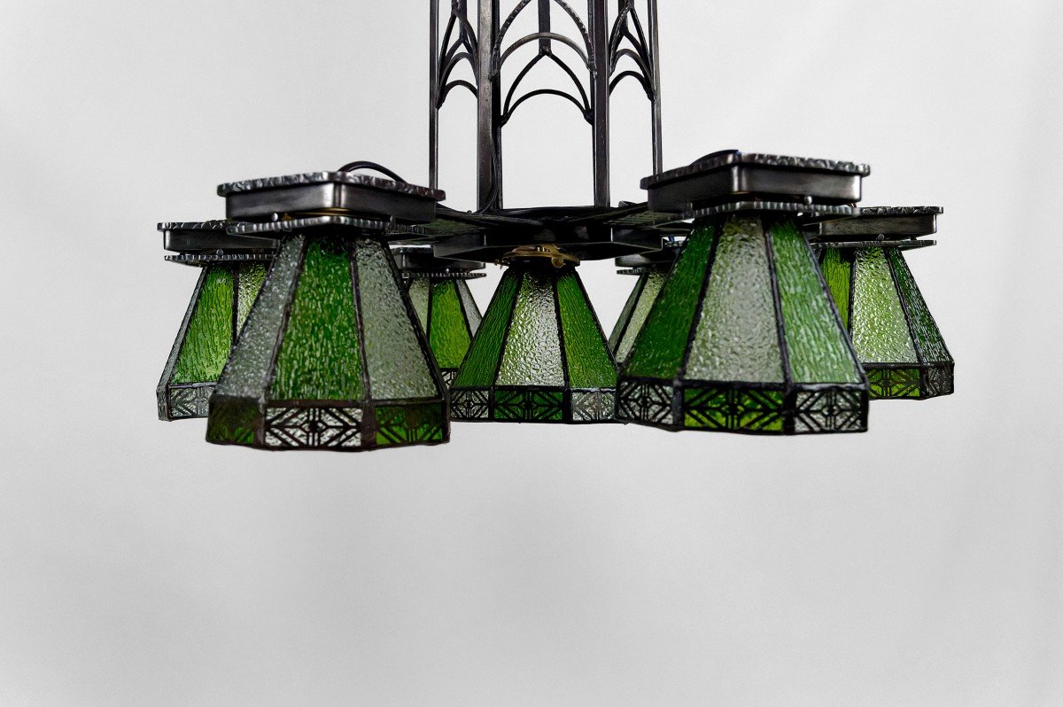 Important Lustre En Fer Forgé, Art Deco Gothique, France, Circa 1920-photo-4