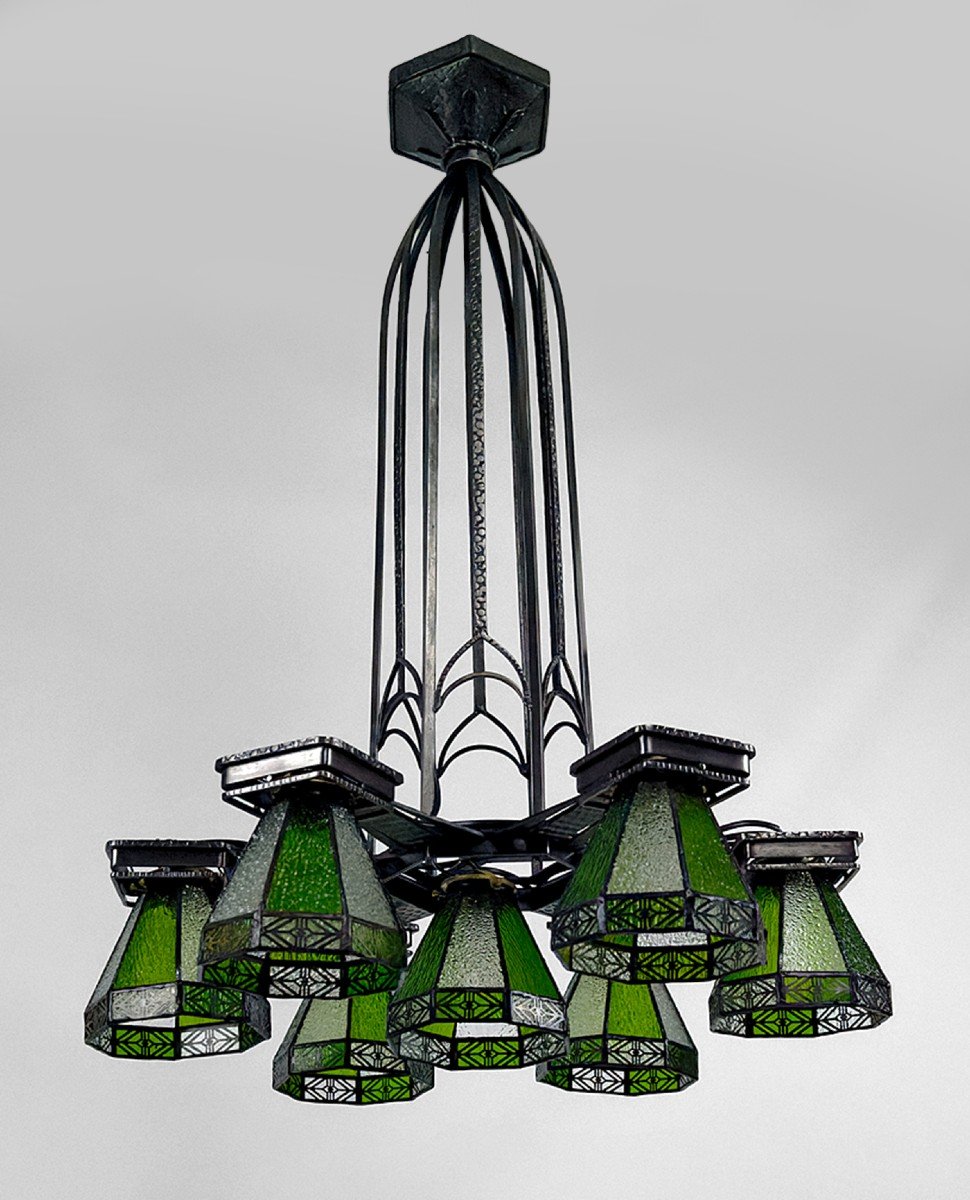 Important Lustre En Fer Forgé, Art Deco Gothique, France, Circa 1920