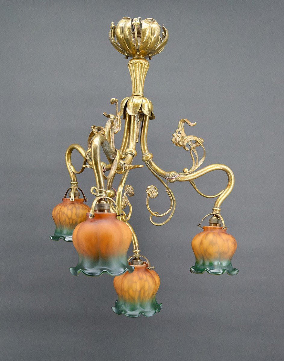 Art Nouveau Chandelier In Gilt Bronze, France, Circa 1890-photo-4