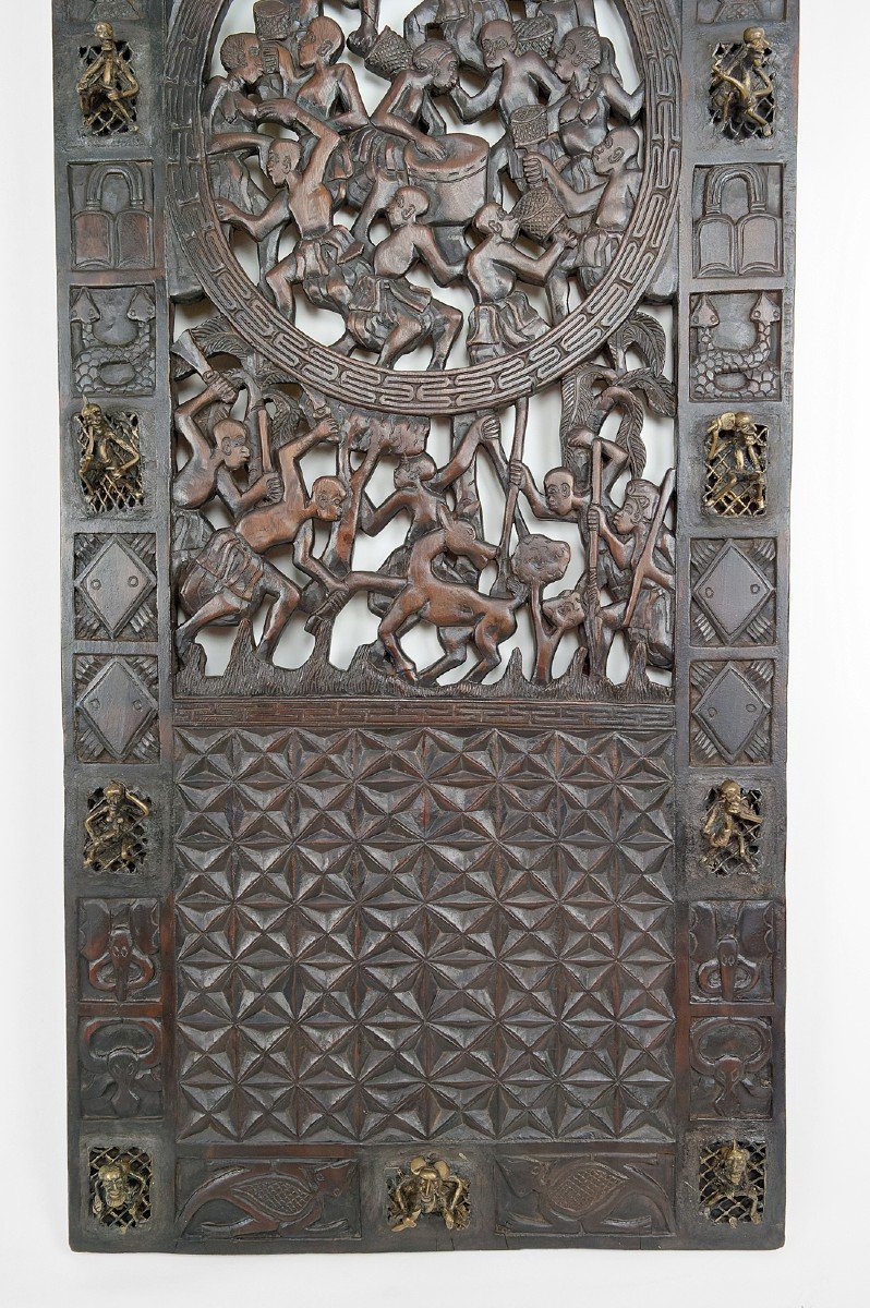 Porte Africaine En Bois Sculpté Et Bronze De Chef De Village Baboun, Cameroun, Début XXe-photo-4