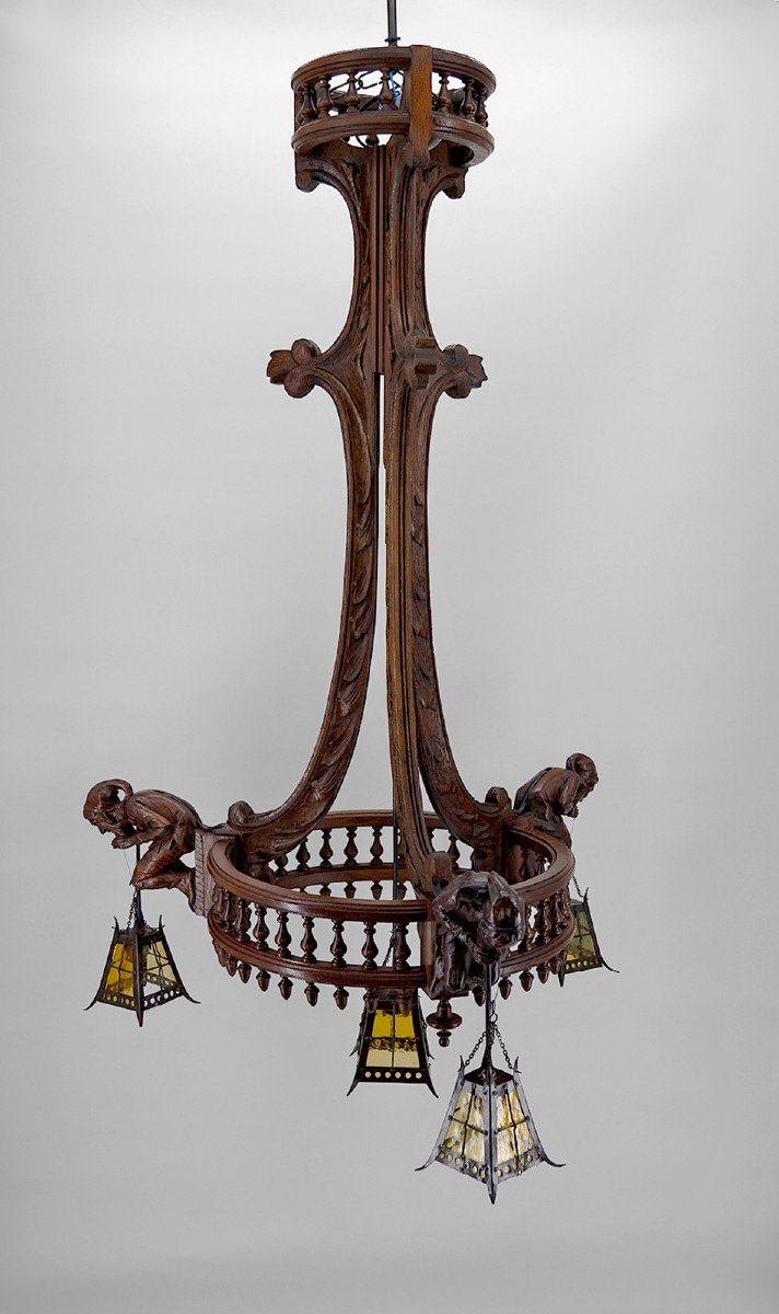 Lustre Néo Gothique Sculpté Aux Bouffons Et Lanternes, France, Circa 1900-photo-2