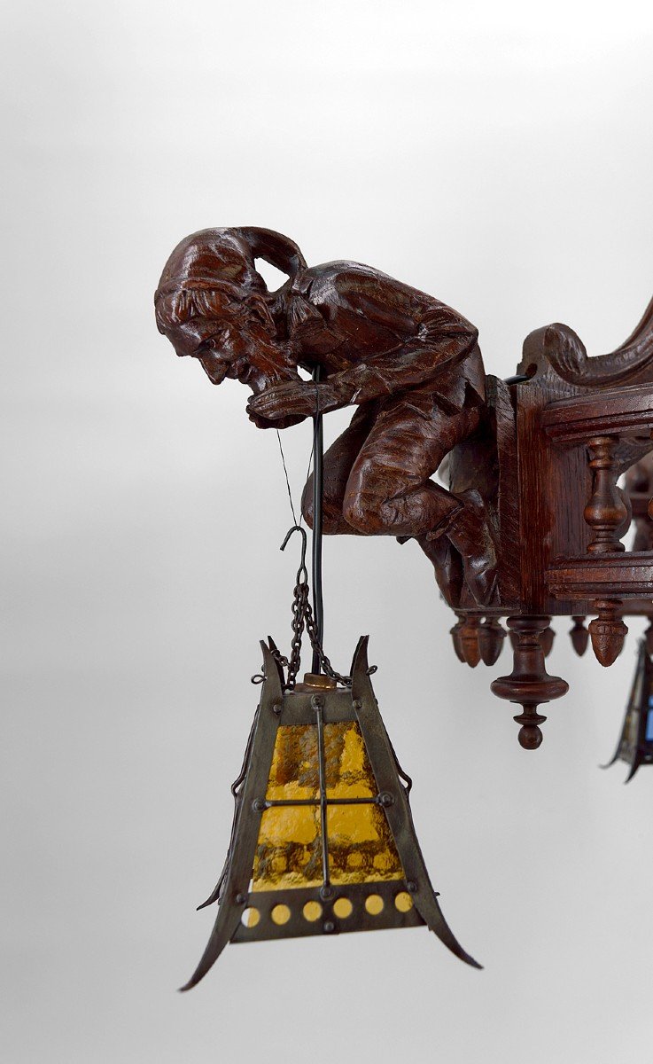 Lustre Néo Gothique Sculpté Aux Bouffons Et Lanternes, France, Circa 1900-photo-1
