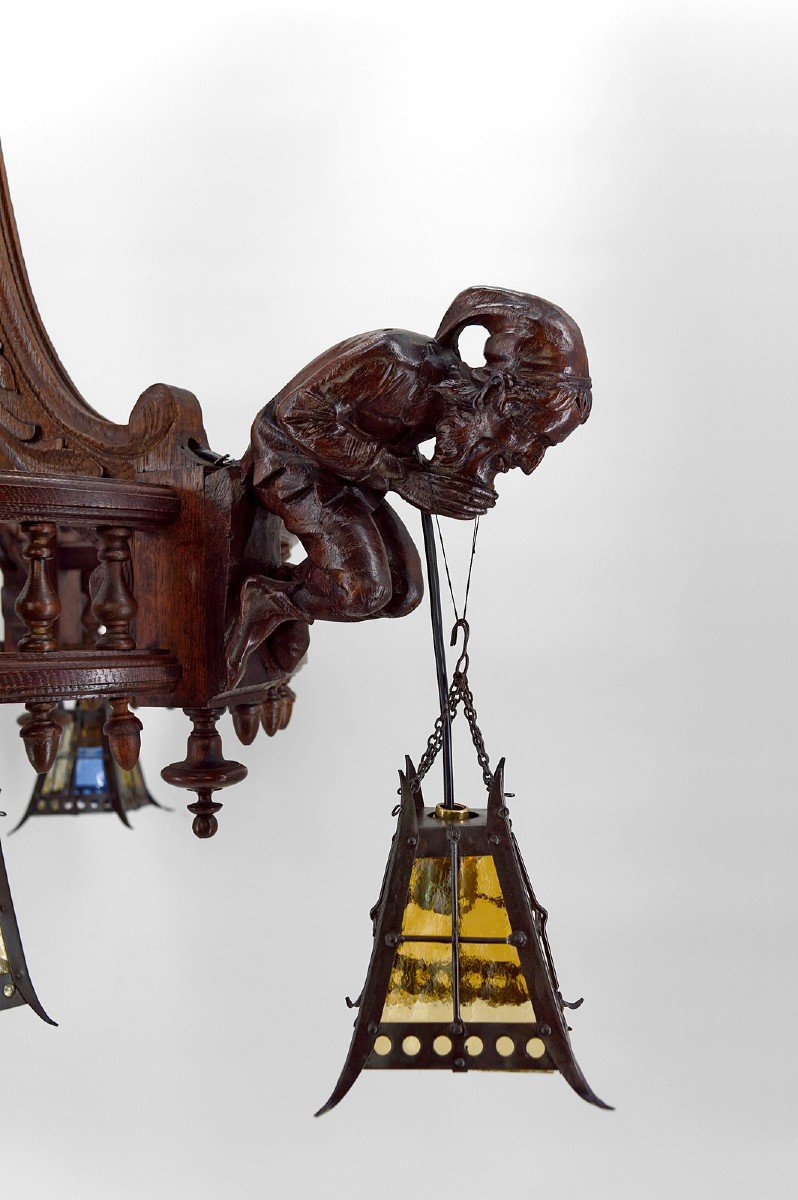 Lustre Néo Gothique Sculpté Aux Bouffons Et Lanternes, France, Circa 1900-photo-3