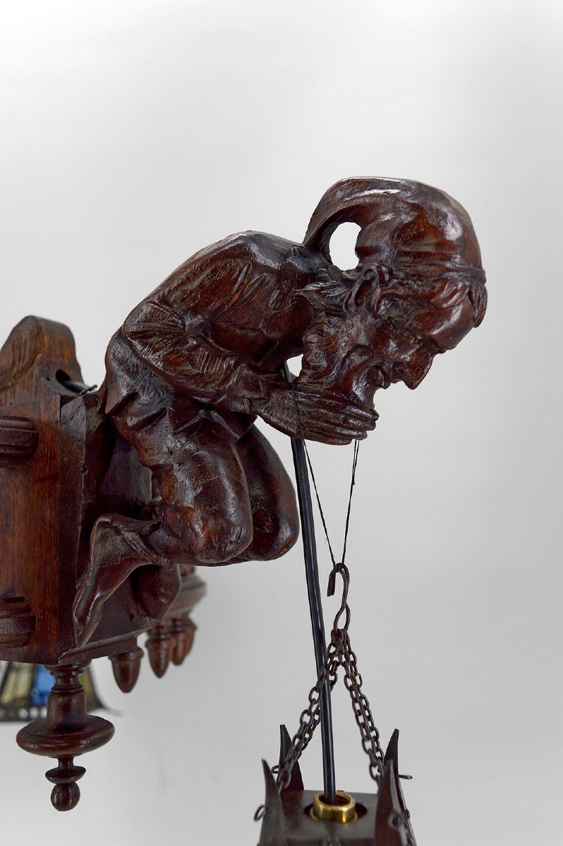 Lustre Néo Gothique Sculpté Aux Bouffons Et Lanternes, France, Circa 1900-photo-5