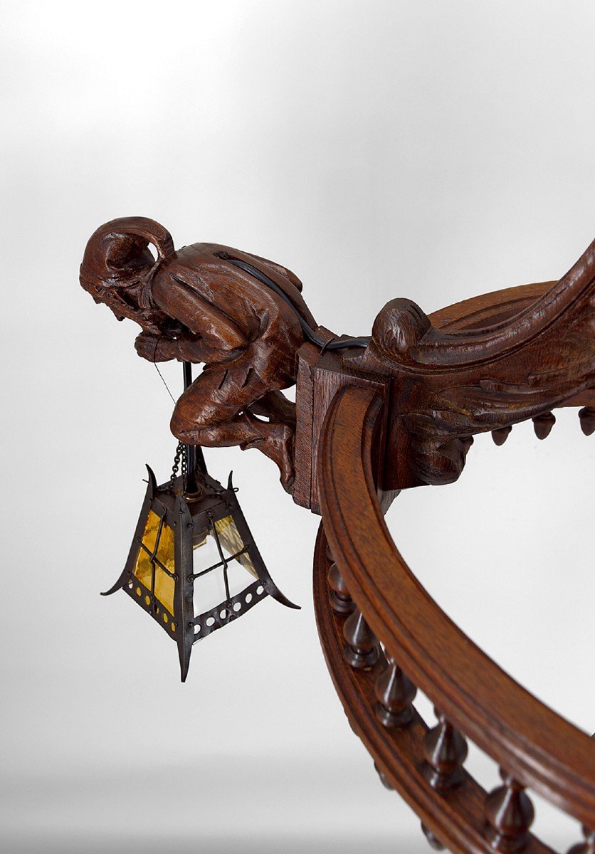 Lustre Néo Gothique Sculpté Aux Bouffons Et Lanternes, France, Circa 1900-photo-8