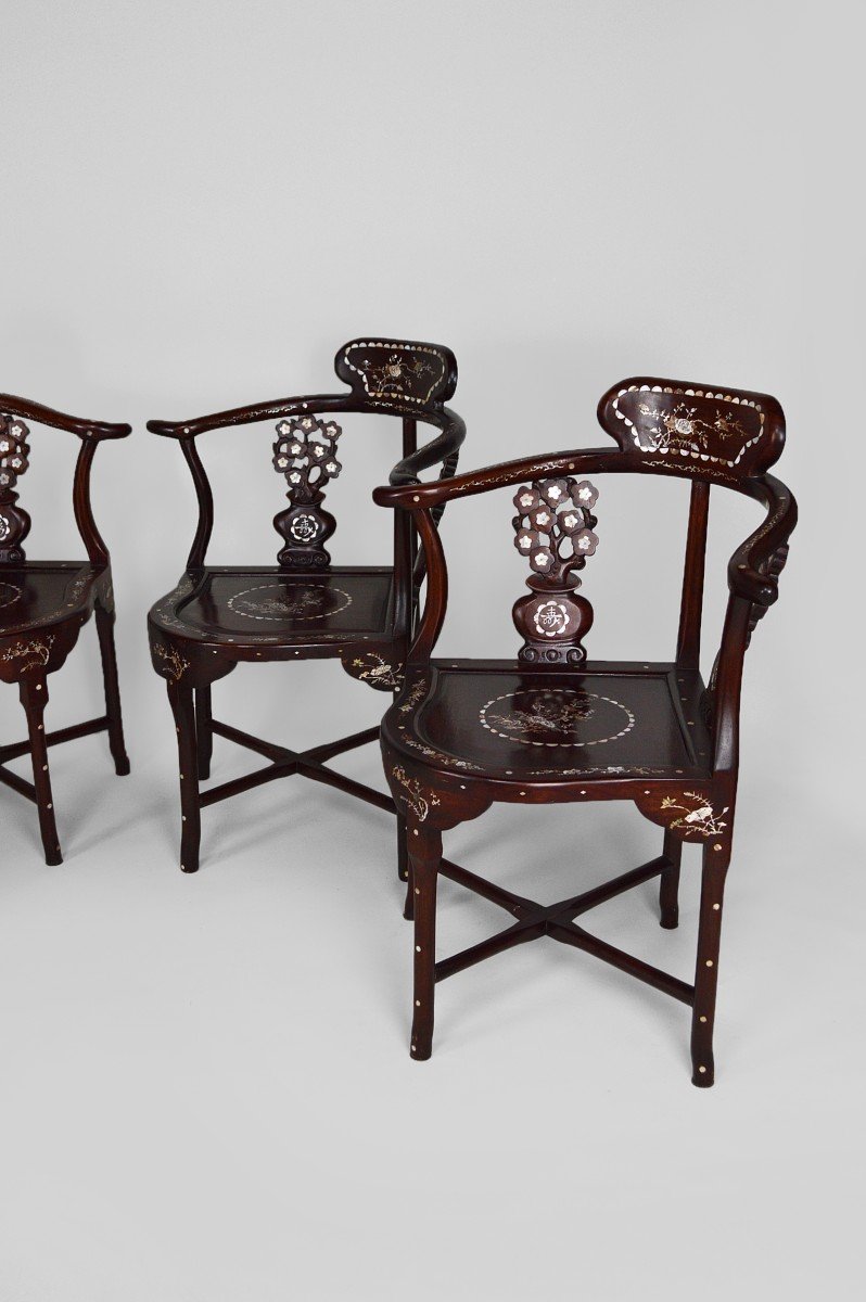 4 Asian Armchairs In Carved Wood And Inlaid With Mother-of-pearl, Early 20th Century-photo-2