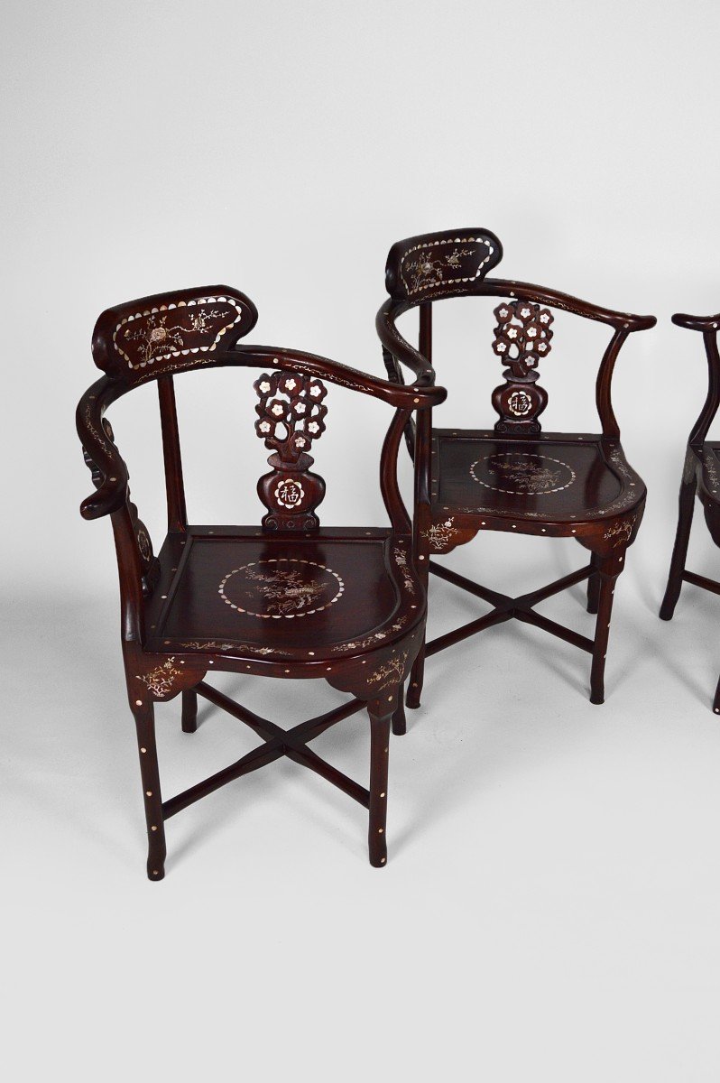 4 Asian Armchairs In Carved Wood And Inlaid With Mother-of-pearl, Early 20th Century-photo-3