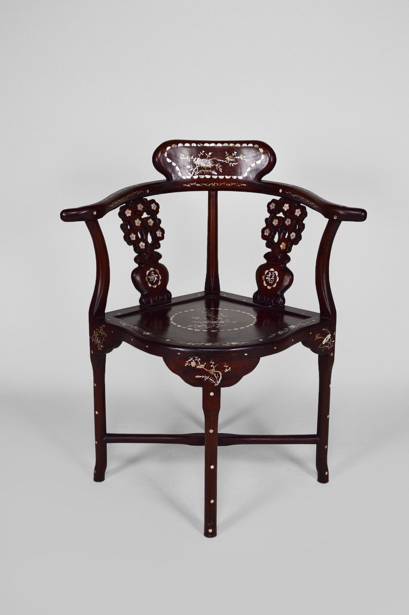 4 Asian Armchairs In Carved Wood And Inlaid With Mother-of-pearl, Early 20th Century-photo-4