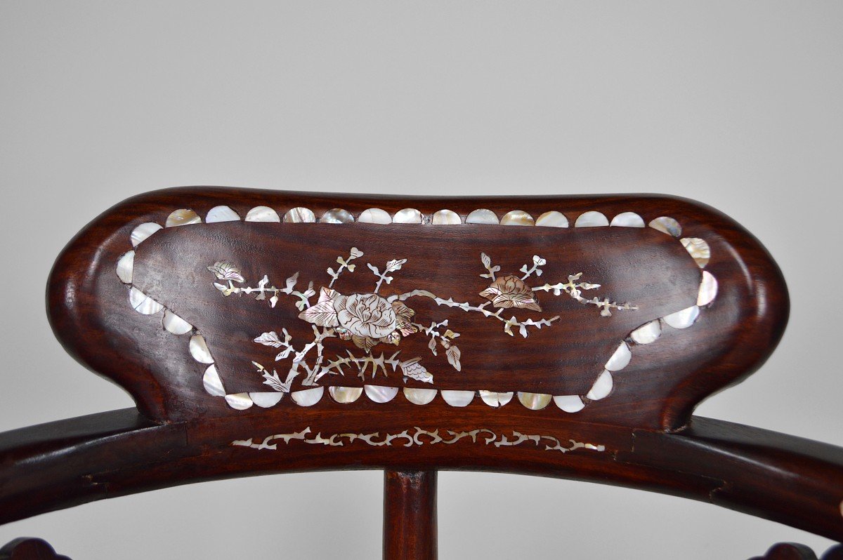 4 Asian Armchairs In Carved Wood And Inlaid With Mother-of-pearl, Early 20th Century-photo-2