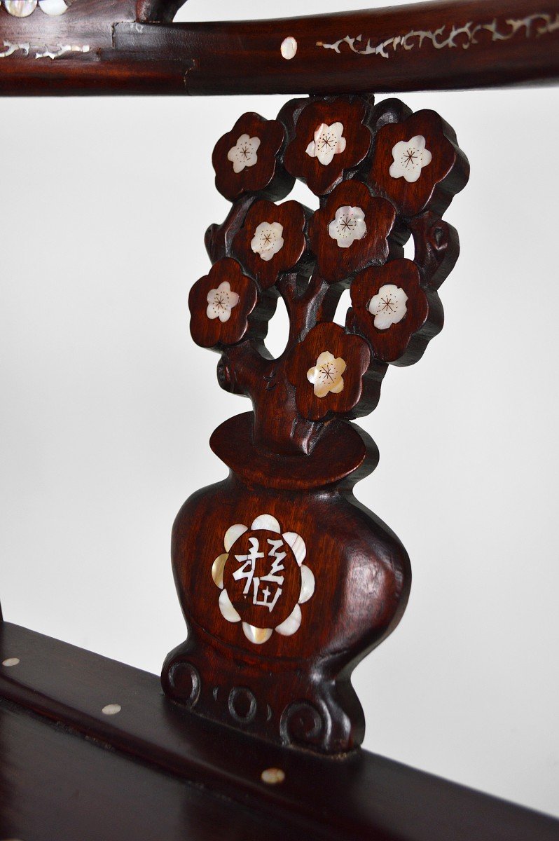 4 Asian Armchairs In Carved Wood And Inlaid With Mother-of-pearl, Early 20th Century-photo-3