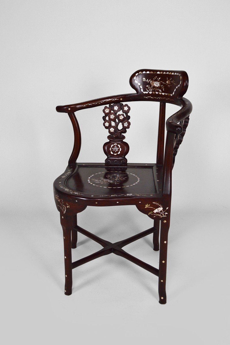 4 Asian Armchairs In Carved Wood And Inlaid With Mother-of-pearl, Early 20th Century-photo-4