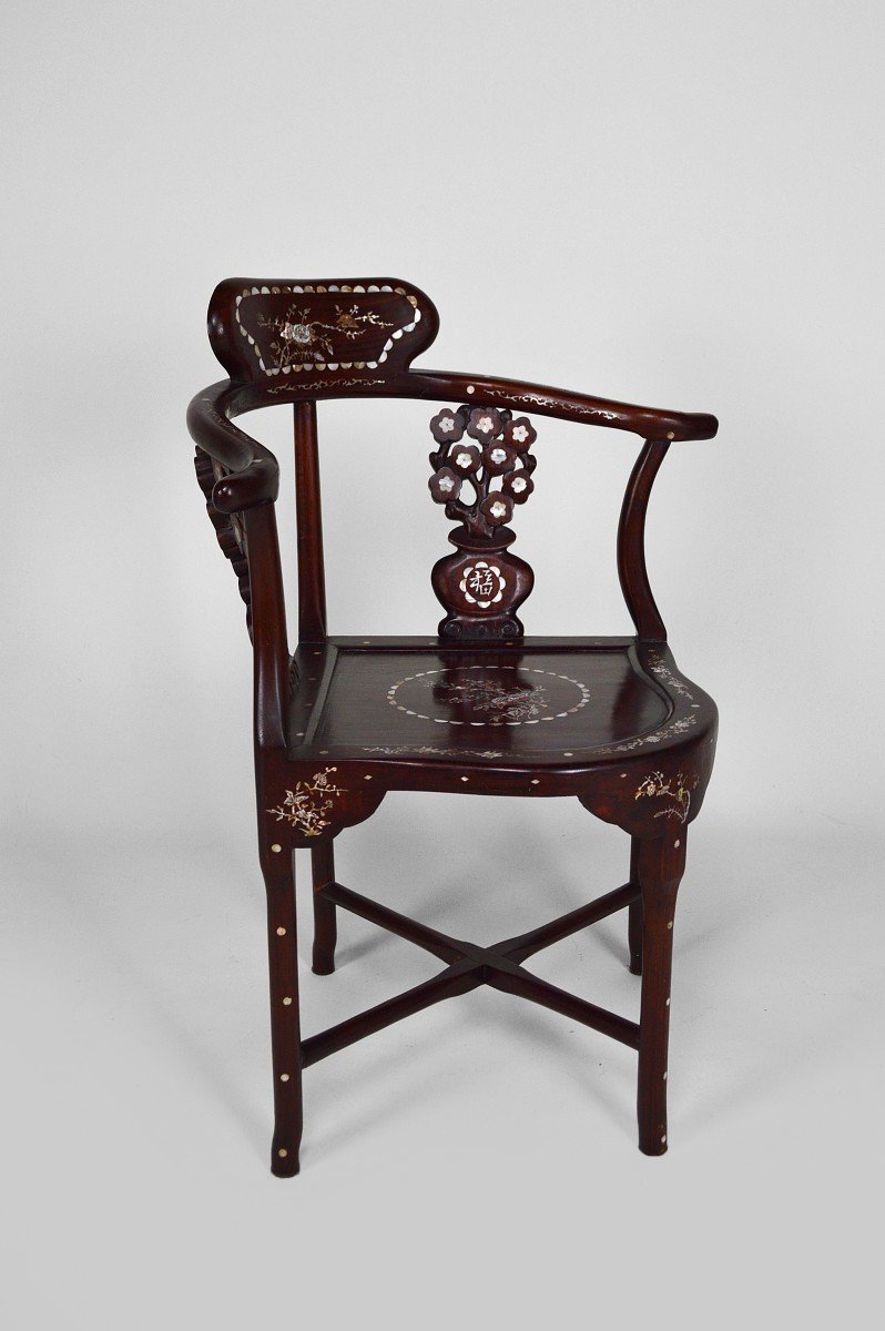 4 Asian Armchairs In Carved Wood And Inlaid With Mother-of-pearl, Early 20th Century-photo-6