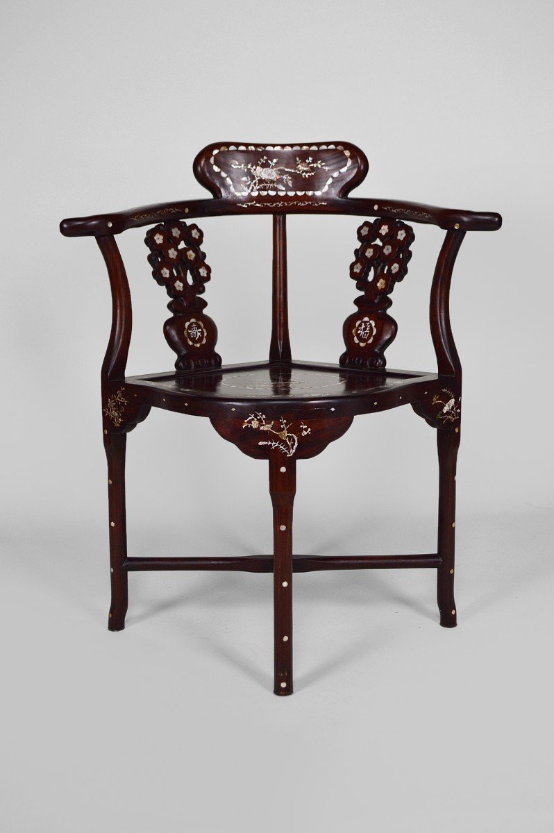 4 Asian Armchairs In Carved Wood And Inlaid With Mother-of-pearl, Early 20th Century-photo-7