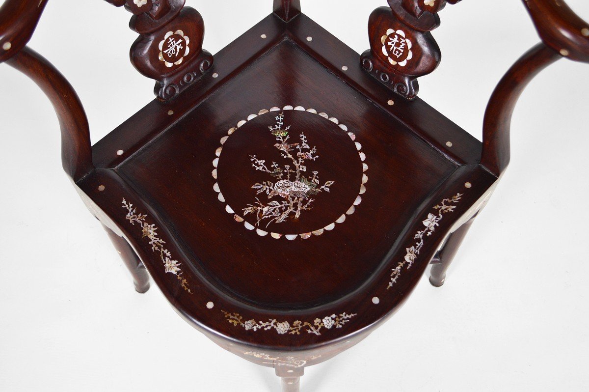 4 Asian Armchairs In Carved Wood And Inlaid With Mother-of-pearl, Early 20th Century-photo-8