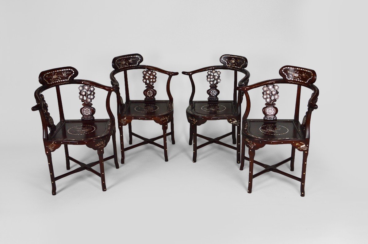 4 Asian Armchairs In Carved Wood And Inlaid With Mother-of-pearl, Early 20th Century