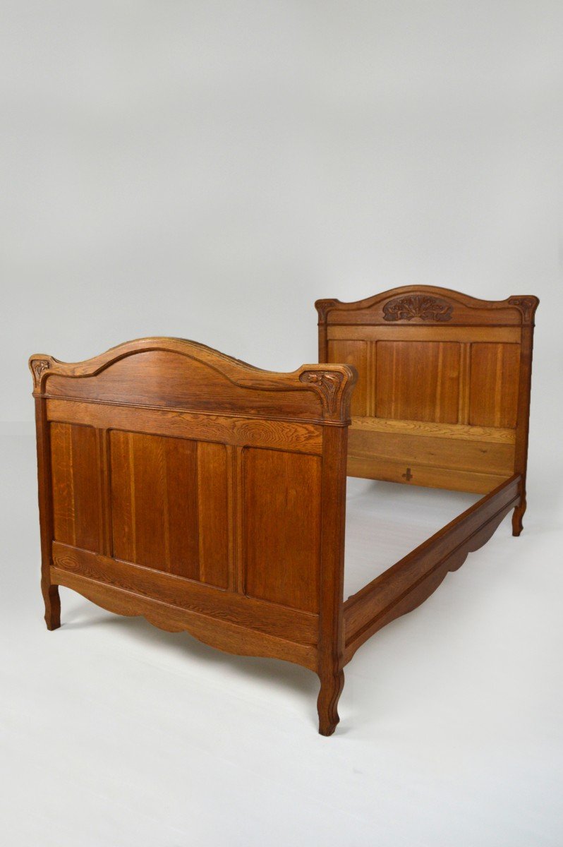 Art Nouveau Twin Beds In Carved Solid Oak, France, Circa 1910-photo-3