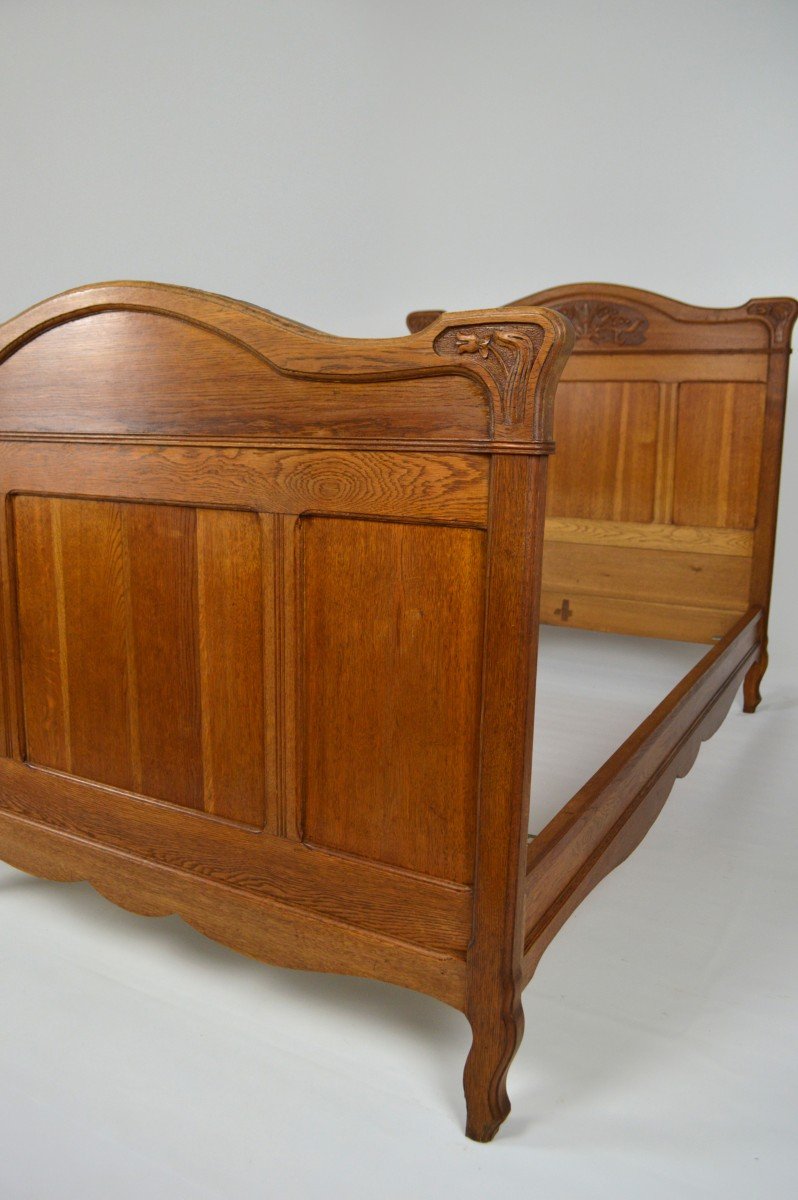 Art Nouveau Twin Beds In Carved Solid Oak, France, Circa 1910-photo-5