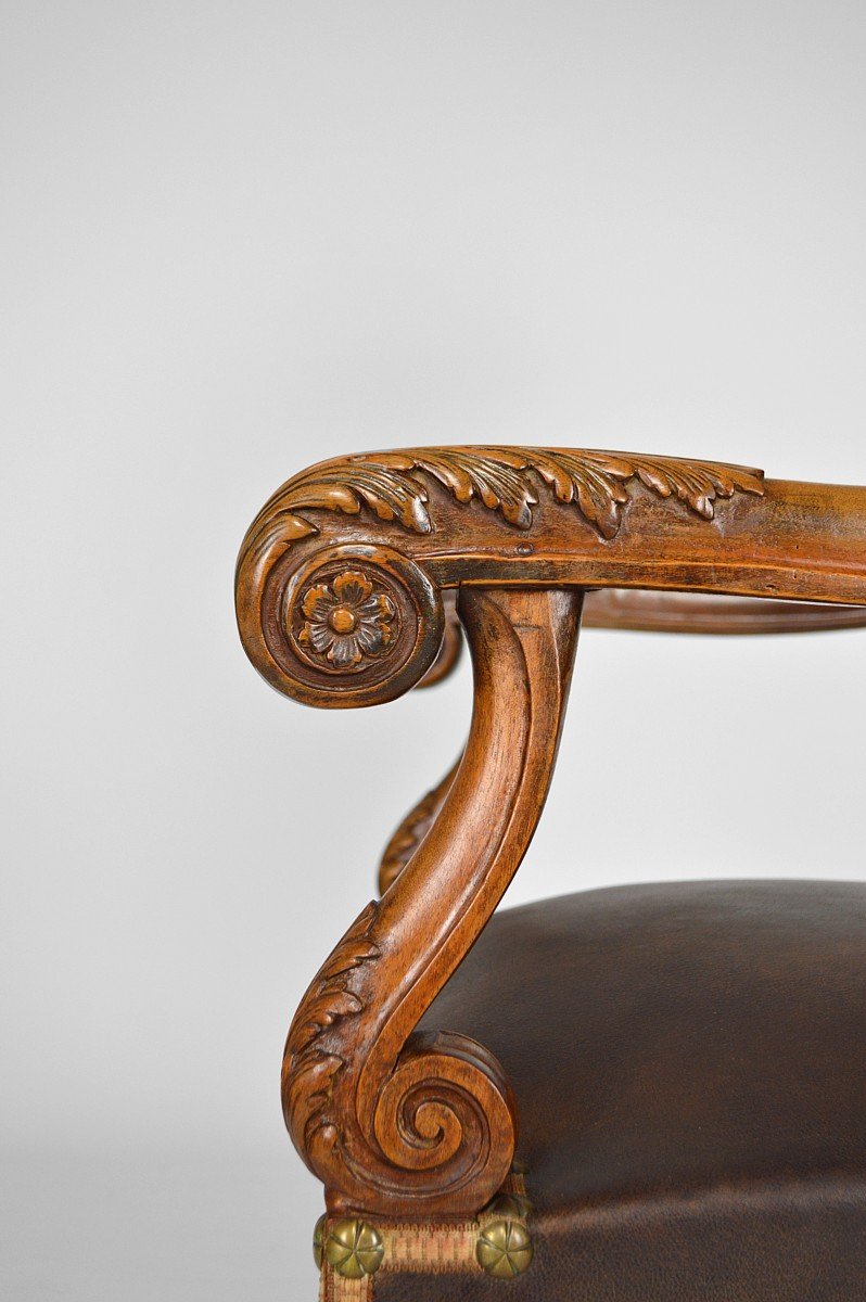 Louis XIII Armchair In Carved Leather And Walnut, Circa 1860-photo-1