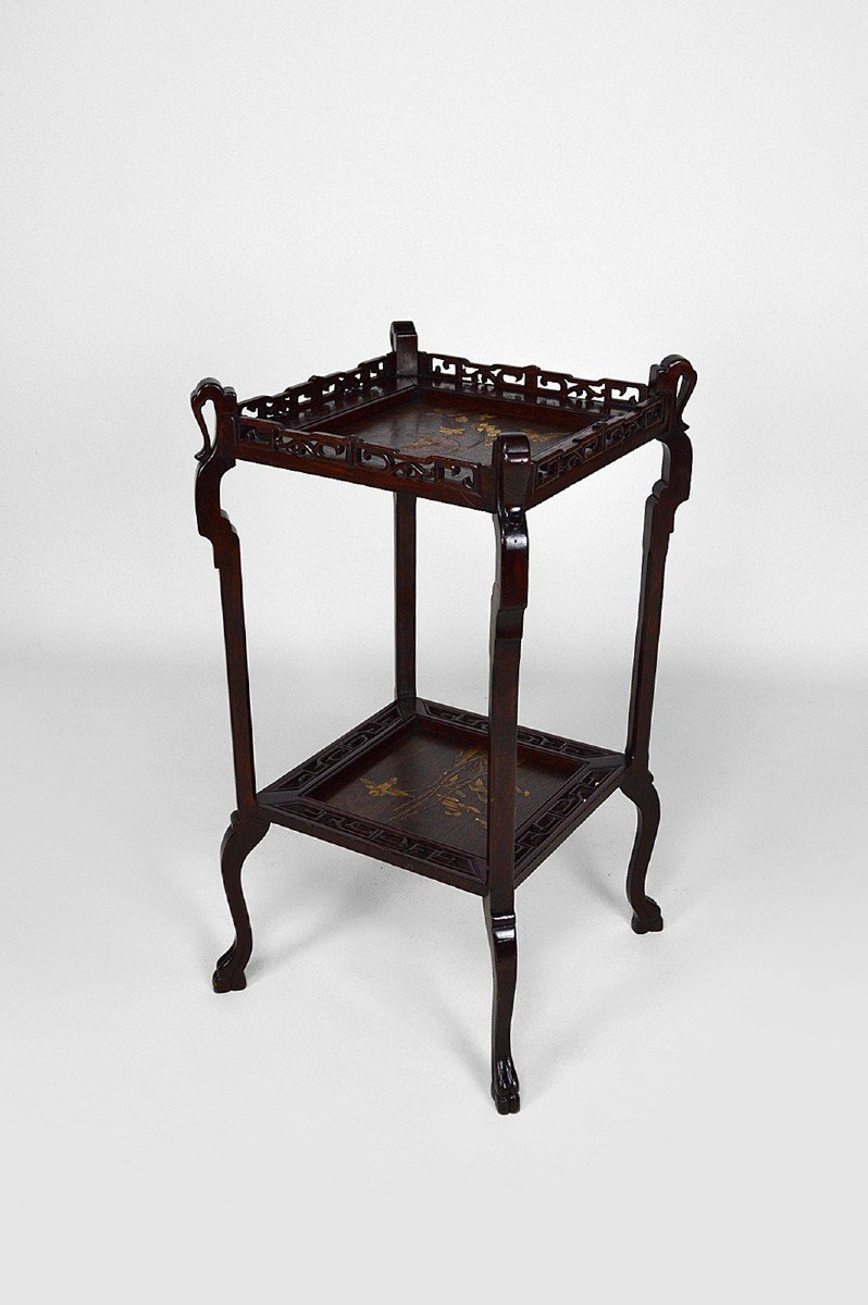 Guéridon Japonisant En Bois Sculpté Et Panneaux Laqués, France, Vers 1880