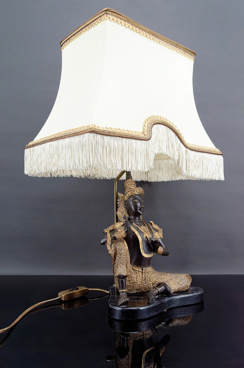 Thai Buddha Lamp In Bronze With Double Black And Gold Patina, Circa 1960-1970-photo-2