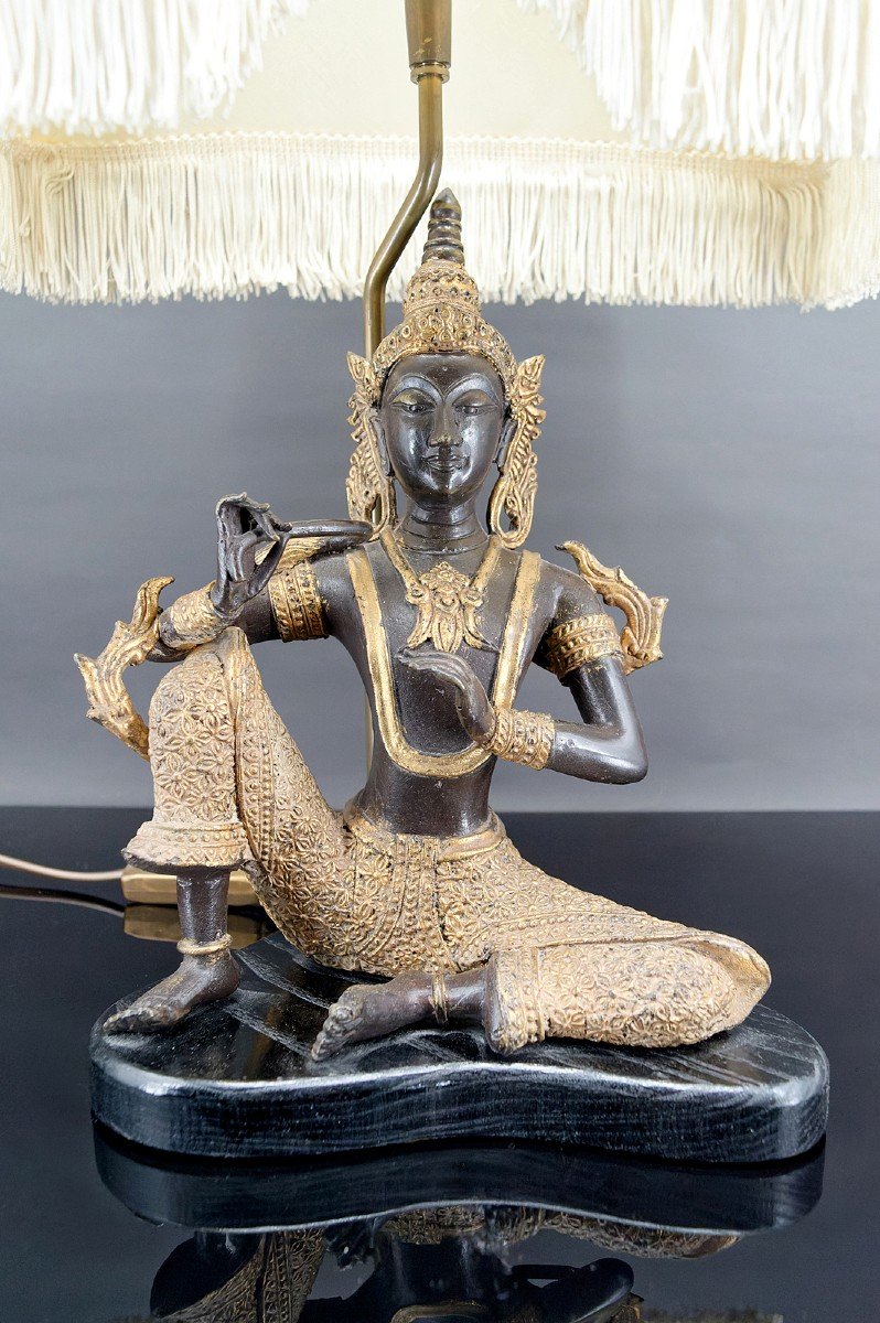 Thai Buddha Lamp In Bronze With Double Black And Gold Patina, Circa 1960-1970-photo-3