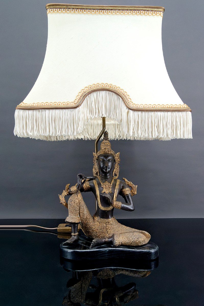 Thai Buddha Lamp In Bronze With Double Black And Gold Patina, Circa 1960-1970
