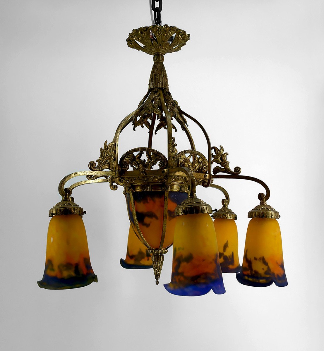 Important Lustre En Bronze Doré Et Pâte De Verre Soufflée, Muller Frères Lunéville, France-photo-3