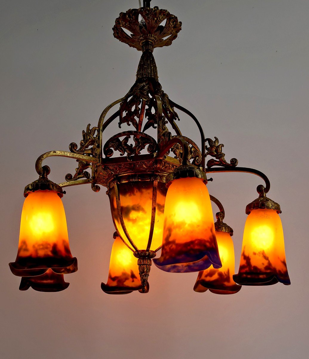 Important Lustre En Bronze Doré Et Pâte De Verre Soufflée, Muller Frères Lunéville, France-photo-1