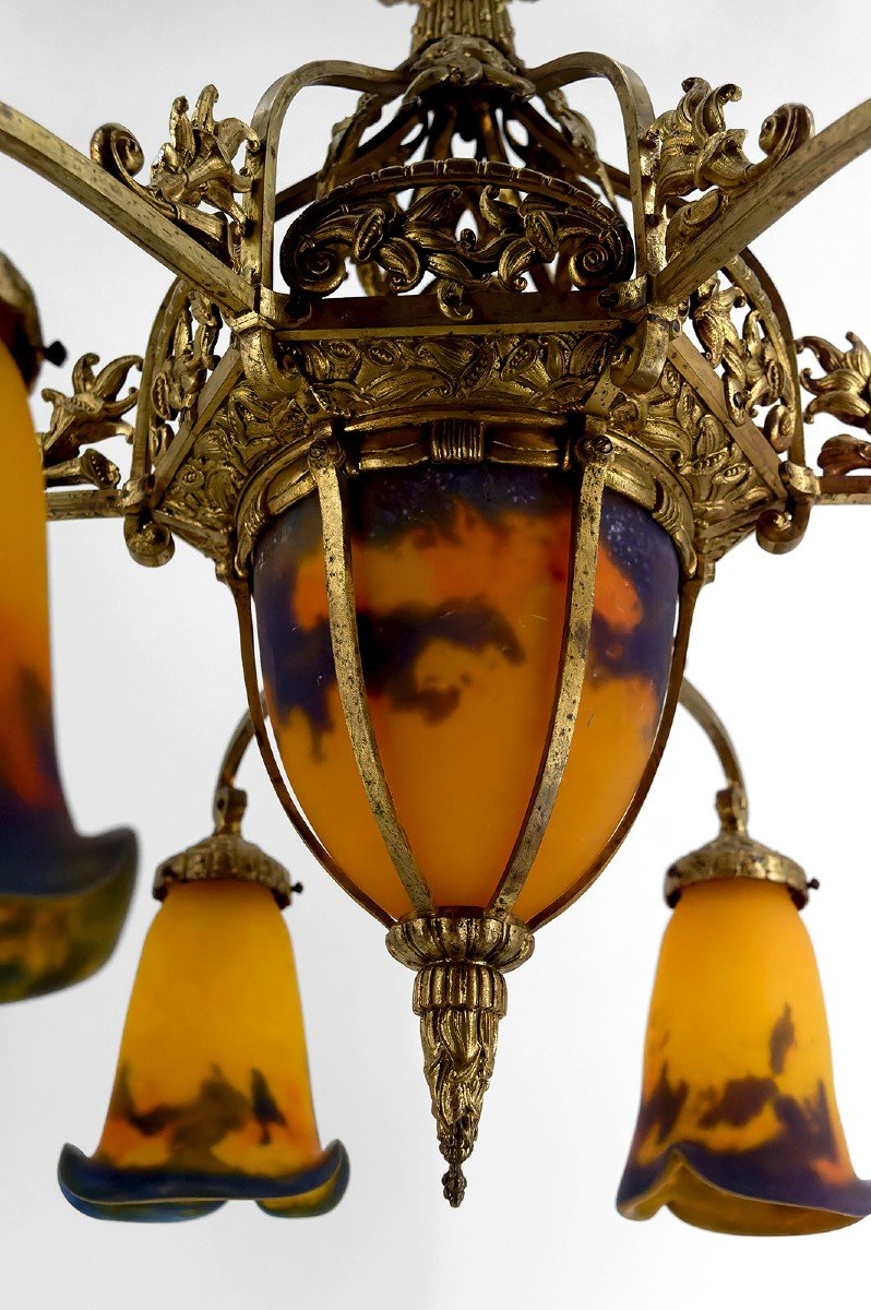 Important Lustre En Bronze Doré Et Pâte De Verre Soufflée, Muller Frères Lunéville, France-photo-2