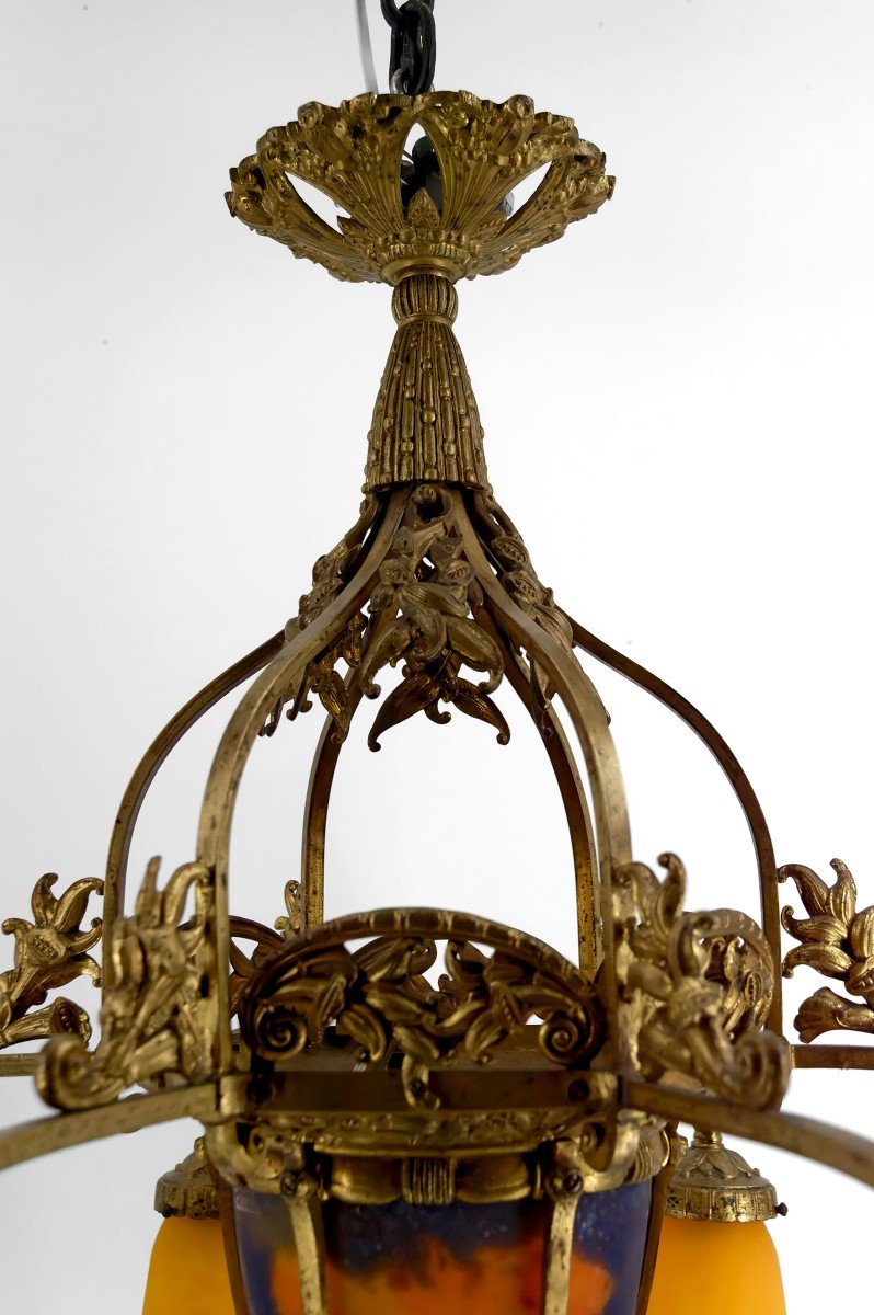 Important Lustre En Bronze Doré Et Pâte De Verre Soufflée, Muller Frères Lunéville, France-photo-4