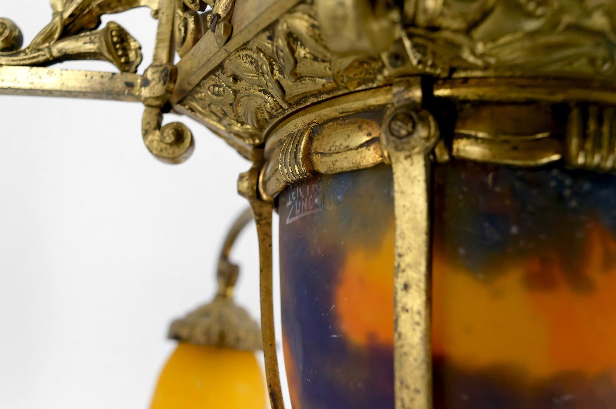 Important Lustre En Bronze Doré Et Pâte De Verre Soufflée, Muller Frères Lunéville, France-photo-6