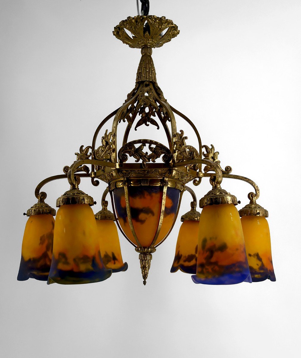 Important Lustre En Bronze Doré Et Pâte De Verre Soufflée, Muller Frères Lunéville, France