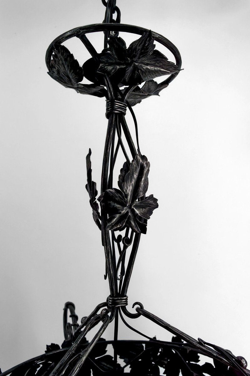 Lustre Art Déco En Fer Forgé Et Pâte De Verre Soufflée Par Muller Frères Lunéville, France-photo-3