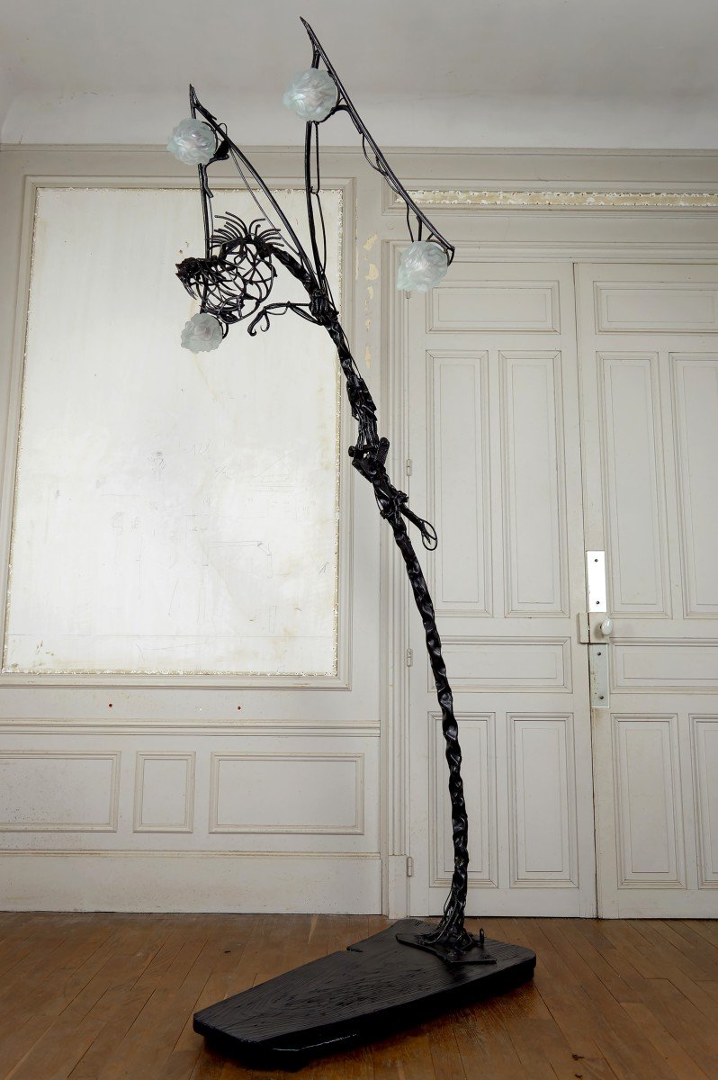 Important Lampadaire Sculptural Brutaliste En Fer Forgé Au Dragon, France, Circa 1970-photo-2