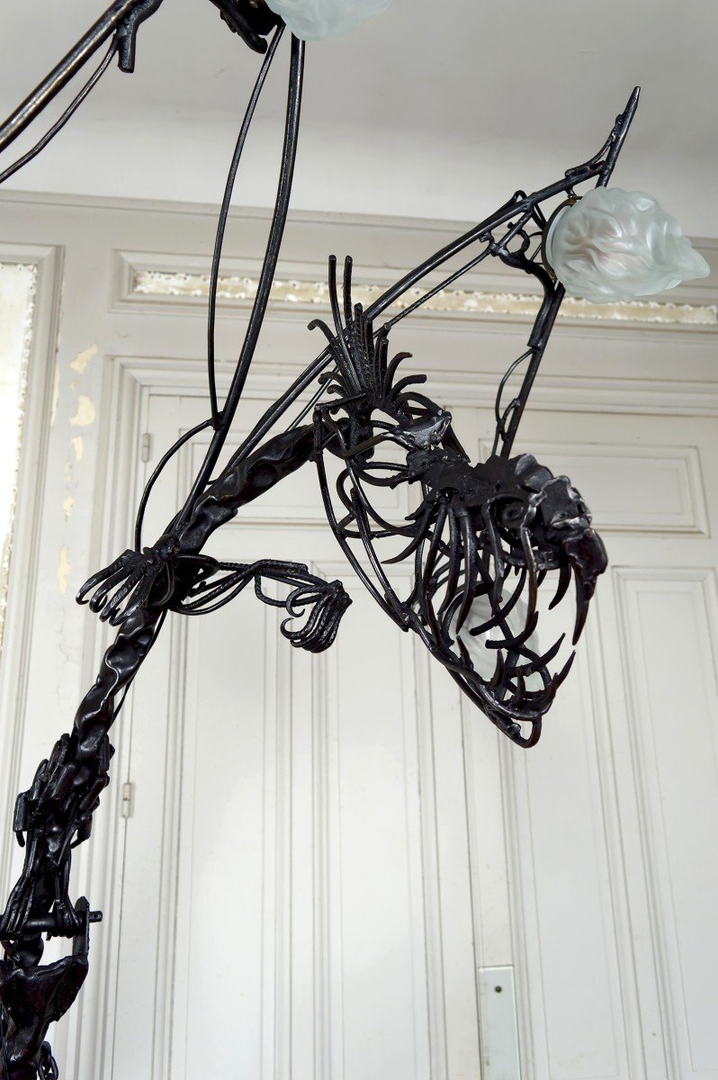 Important Lampadaire Sculptural Brutaliste En Fer Forgé Au Dragon, France, Circa 1970-photo-3