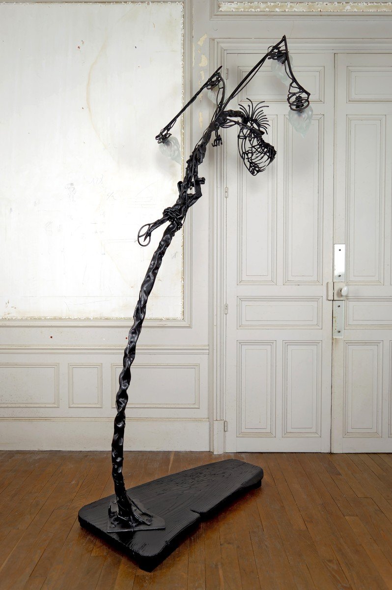 Important Lampadaire Sculptural Brutaliste En Fer Forgé Au Dragon, France, Circa 1970-photo-4