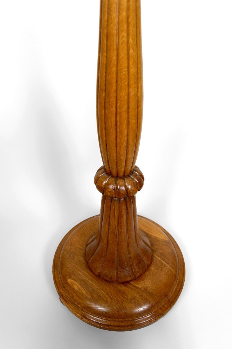 Important Art Deco Floor Lamp In Carved Oak, France, Circa 1920-photo-1