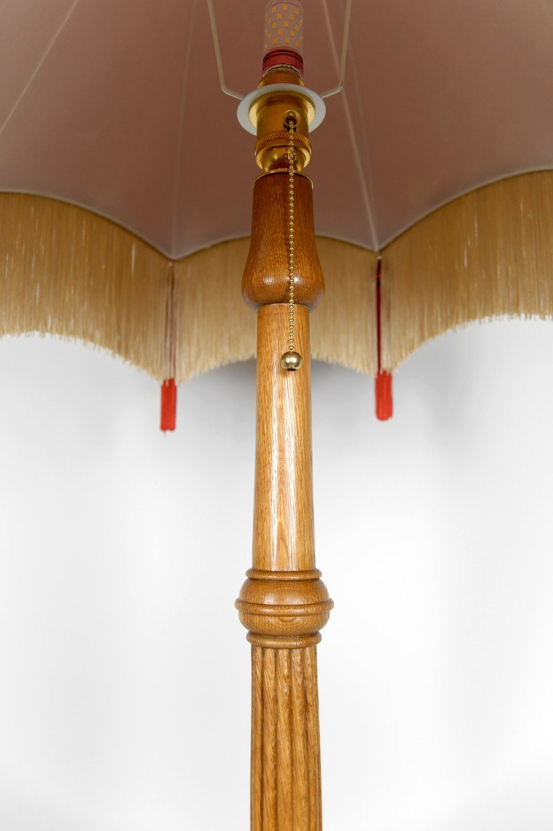 Important Art Deco Floor Lamp In Carved Oak, France, Circa 1920-photo-5