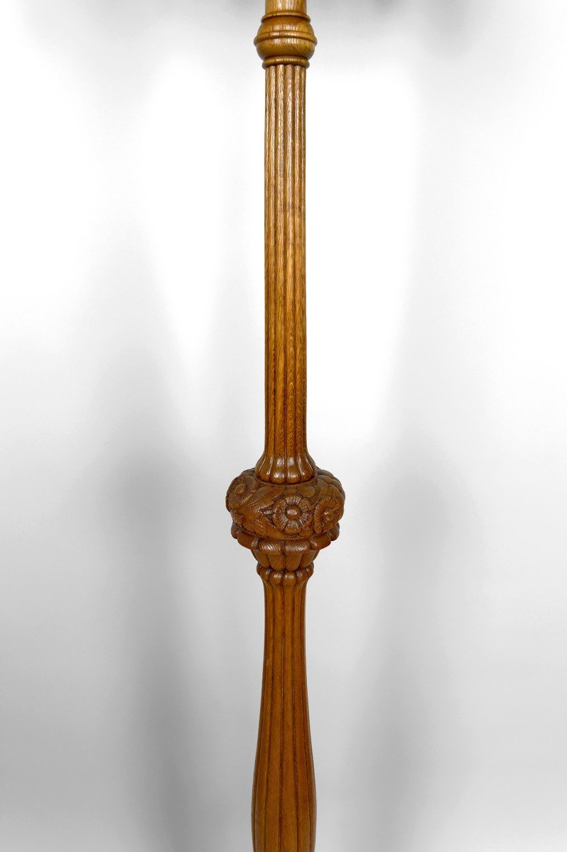 Important Art Deco Floor Lamp In Carved Oak, France, Circa 1920-photo-7