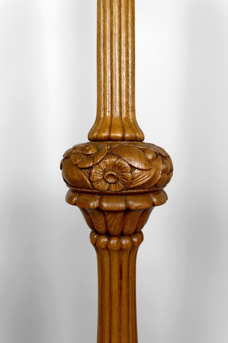Important Art Deco Floor Lamp In Carved Oak, France, Circa 1920-photo-8