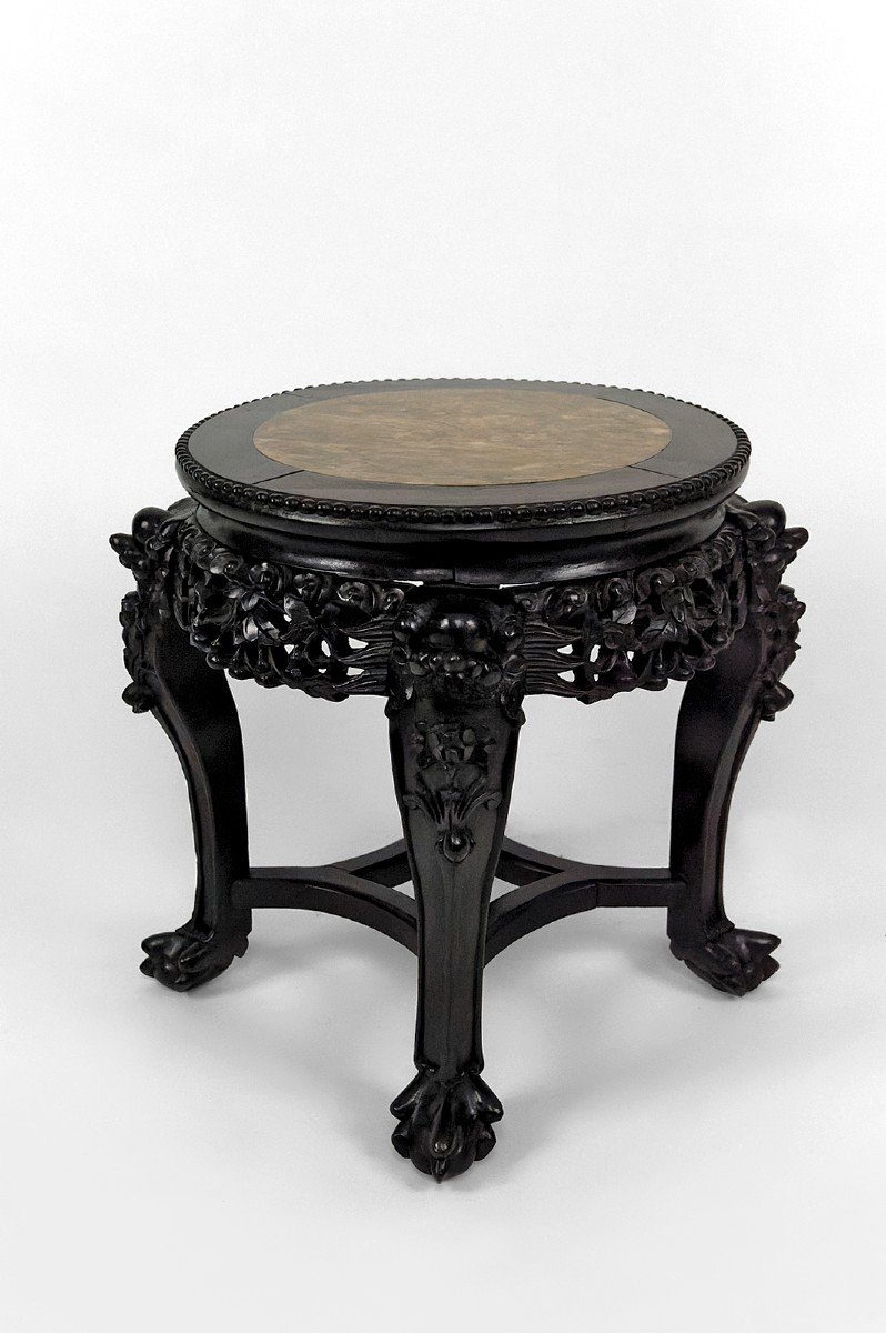 Sellette/ Table d'Appoint Asiatique Sculptée De Démons, Plateau En Marbre, Indochine, Vers 1880-photo-2