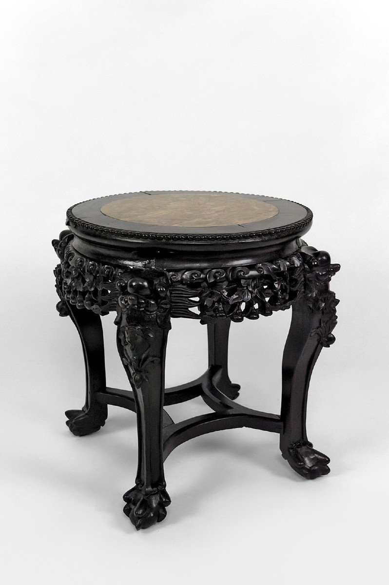 Sellette/ Table d'Appoint Asiatique Sculptée De Démons, Plateau En Marbre, Indochine, Vers 1880-photo-4