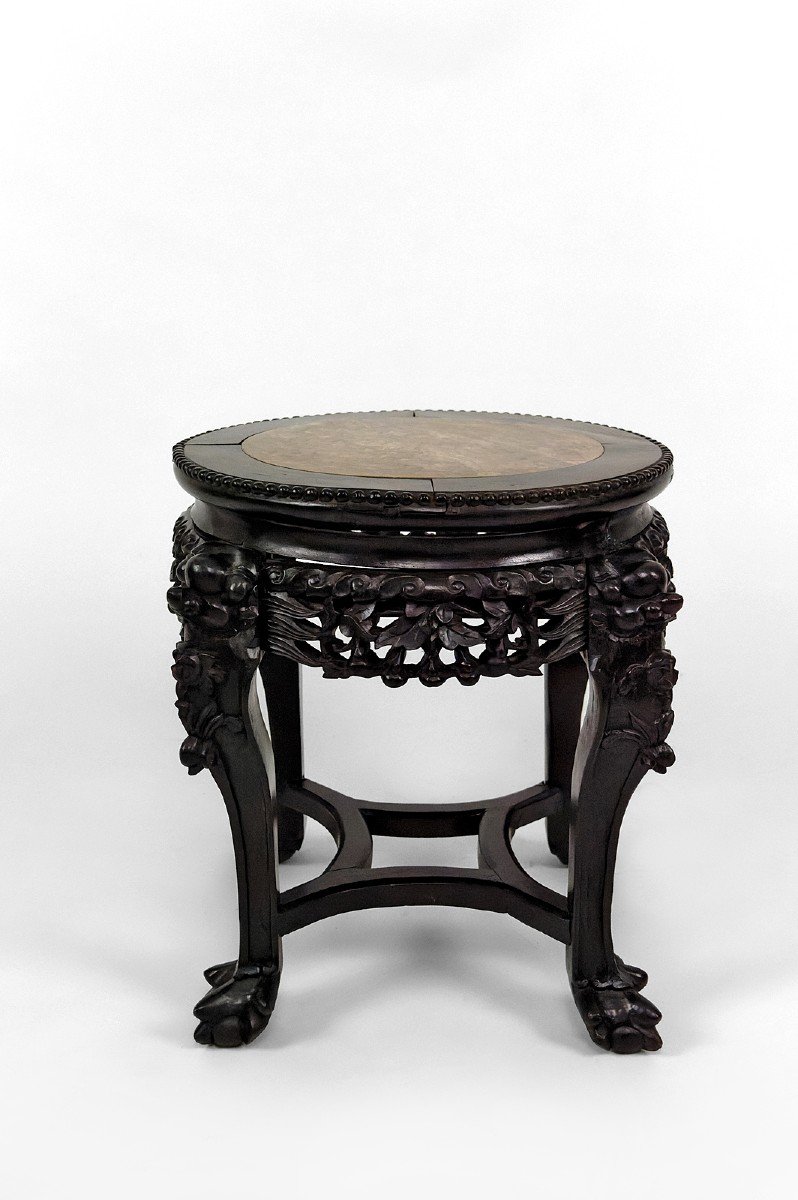 Sellette/ Table d'Appoint Asiatique Sculptée De Démons, Plateau En Marbre, Indochine, Vers 1880