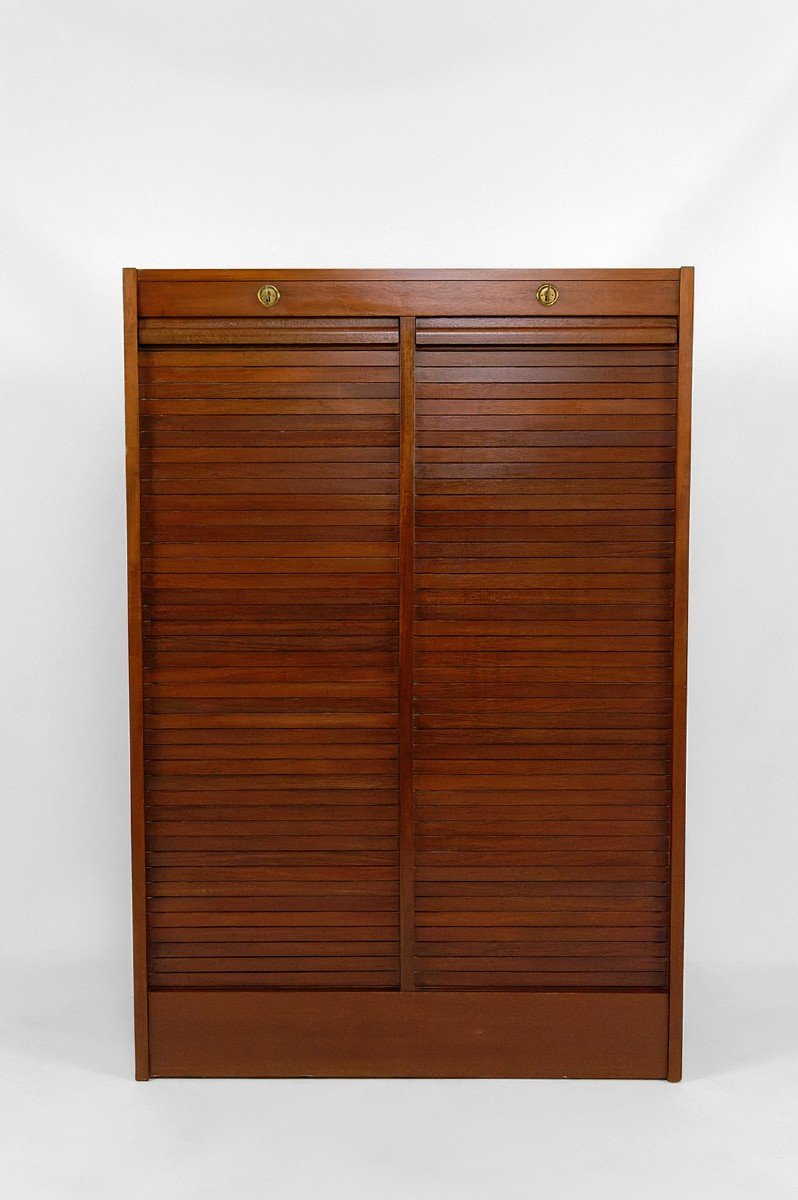 Art Deco / Industrial Mahogany Notary Cabinet / Filing Cabinet With Double Curtains, France, 1940-50-photo-4