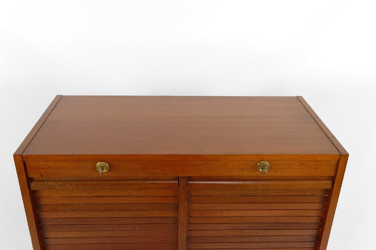 Art Deco / Industrial Mahogany Notary Cabinet / Filing Cabinet With Double Curtains, France, 1940-50-photo-1