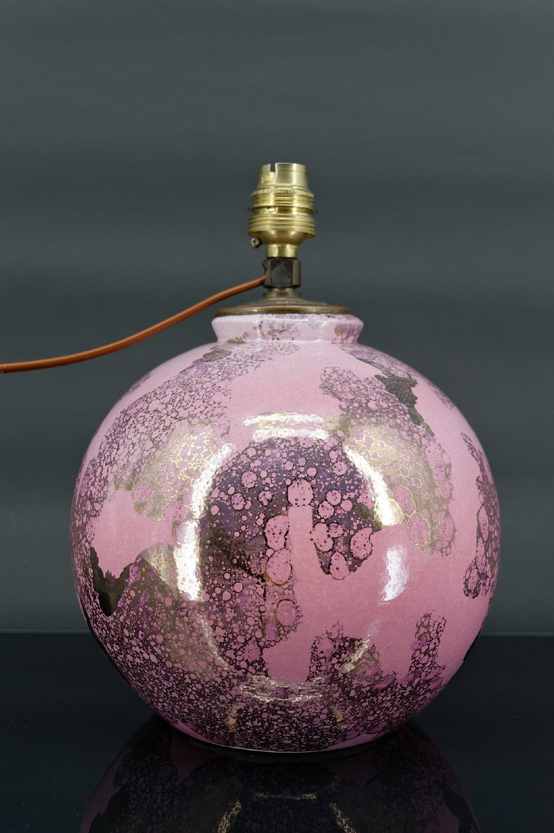 Pink And Pearly Ceramic Ball Lamp By Marguerite Briansau, Art Deco, France, Circa 1930-photo-2