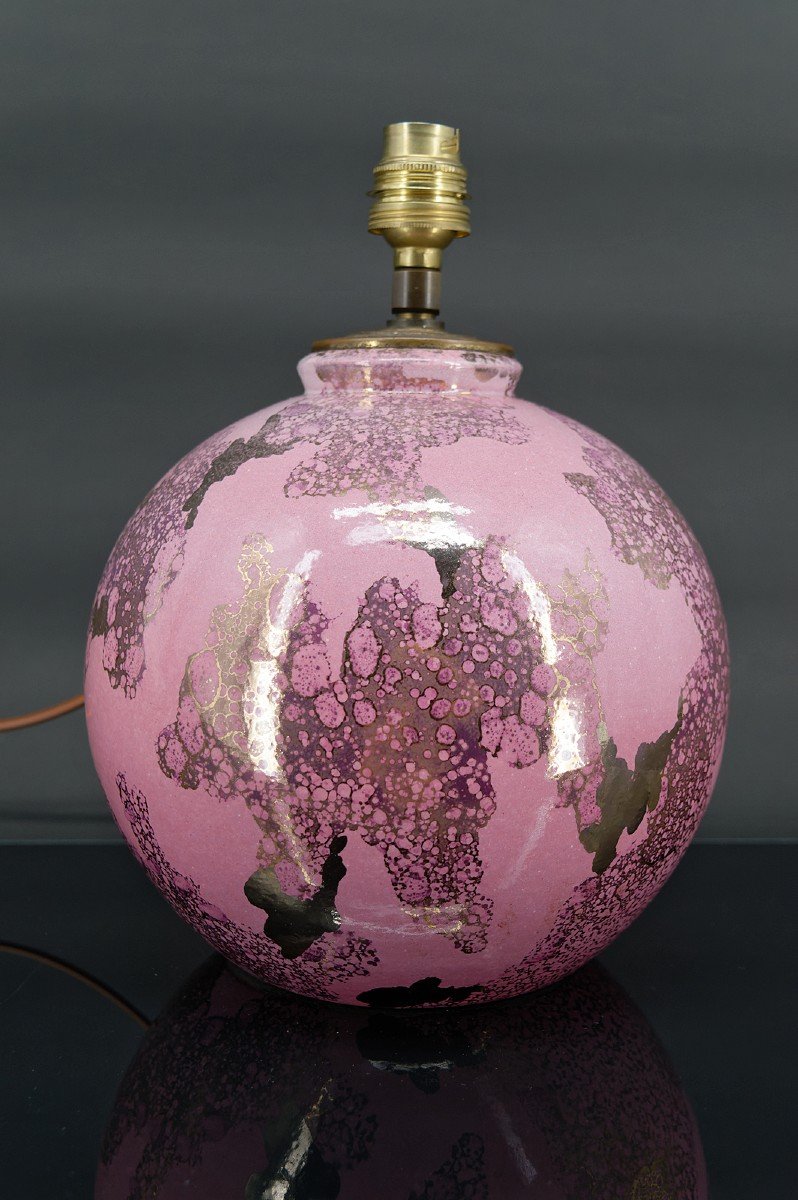 Pink And Pearly Ceramic Ball Lamp By Marguerite Briansau, Art Deco, France, Circa 1930