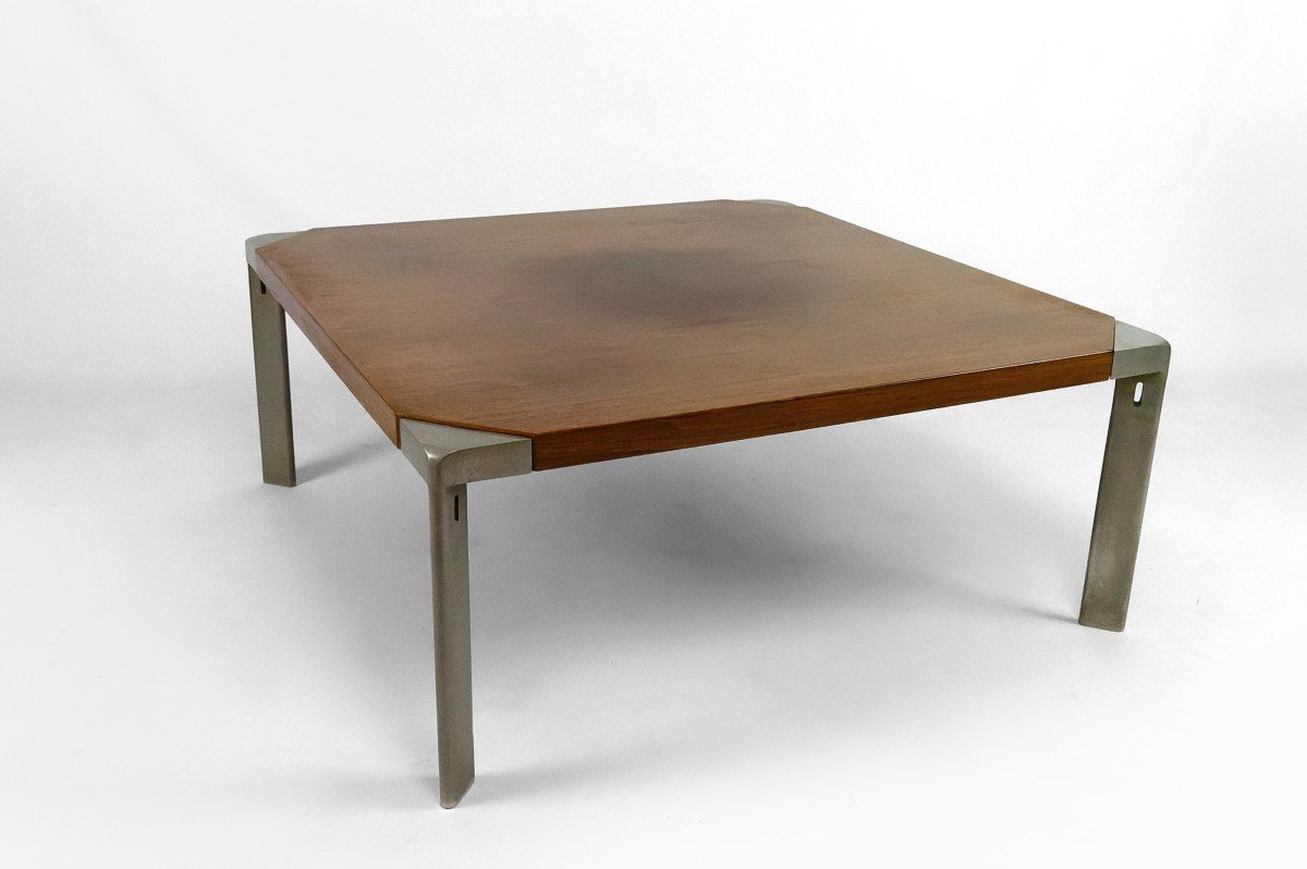 Walnut And Aluminum Coffee Table, By Osvaldo Borsani For Tecno, Italy, Circa 1970-photo-3