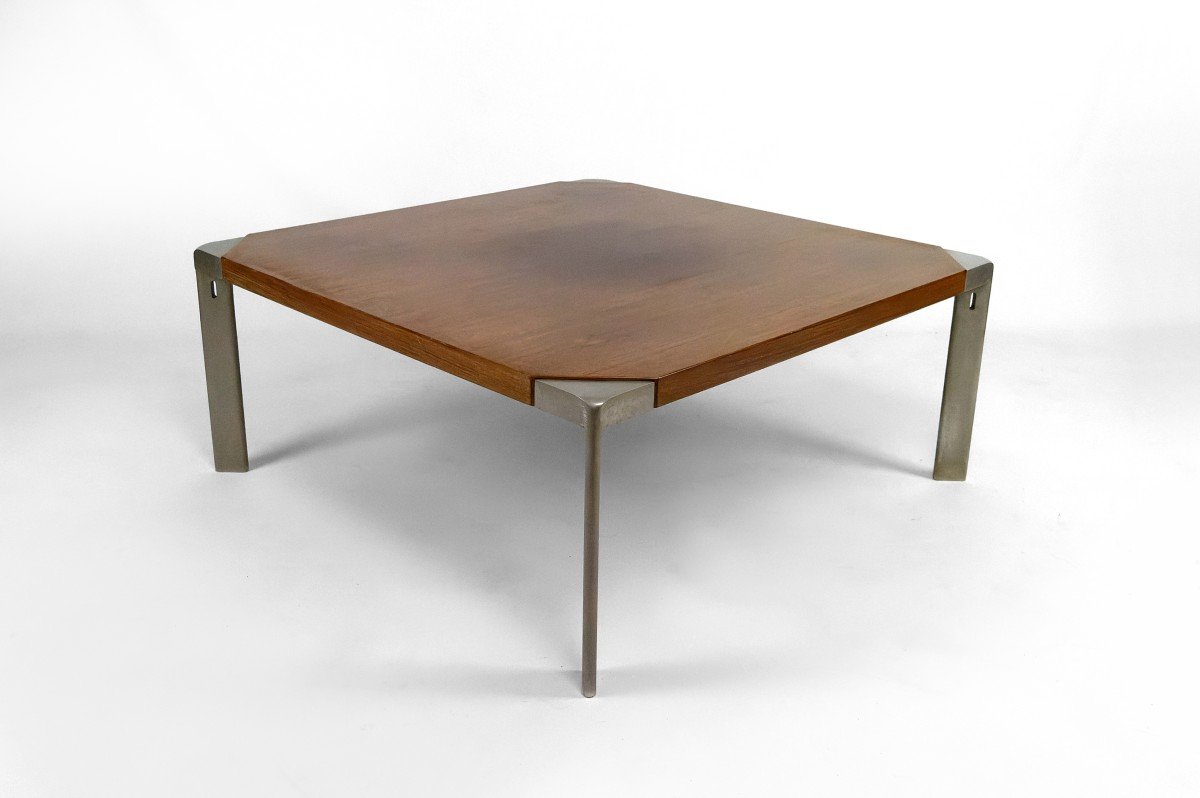 Walnut And Aluminum Coffee Table, By Osvaldo Borsani For Tecno, Italy, Circa 1970-photo-4
